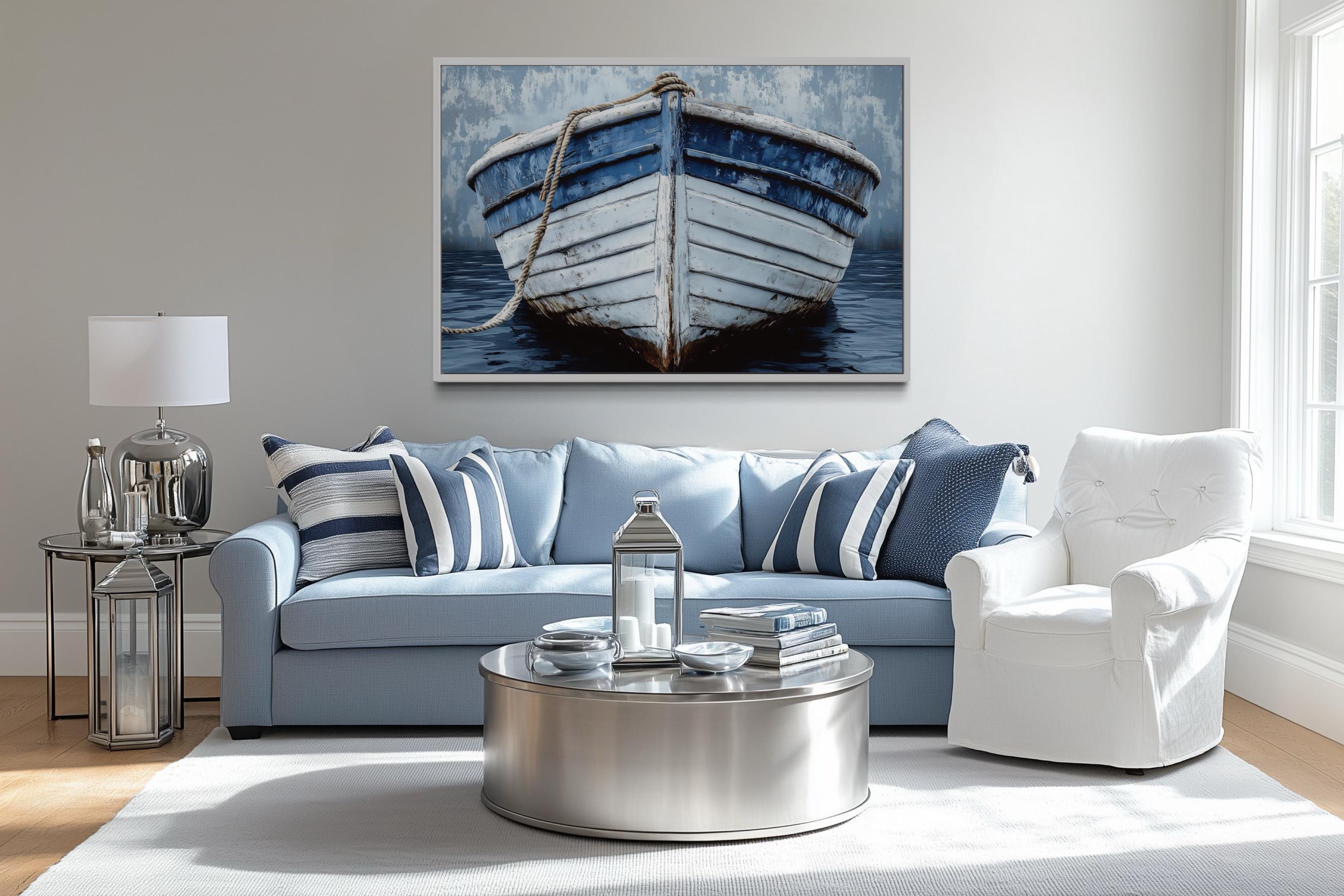 Rustic Boat Front View Blue And White Distressed Coastal Wall Art