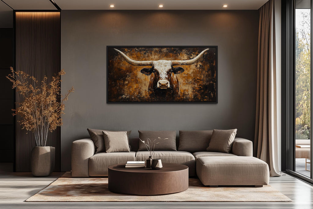Rustic Brown Longhorn Bull Painting On Abstract Western Background Canvas Wall Art