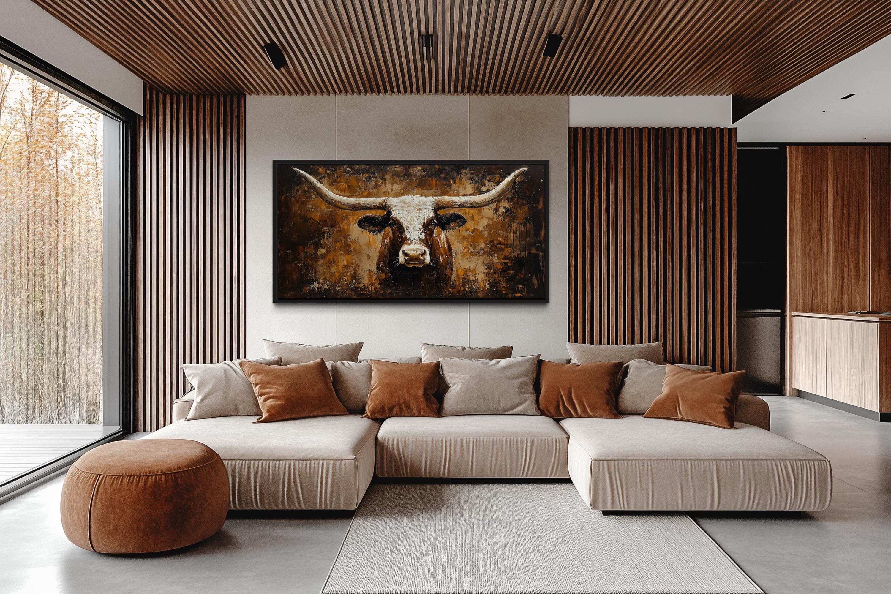 Rustic Brown Longhorn Bull Painting On Abstract Western Background Canvas Wall Art