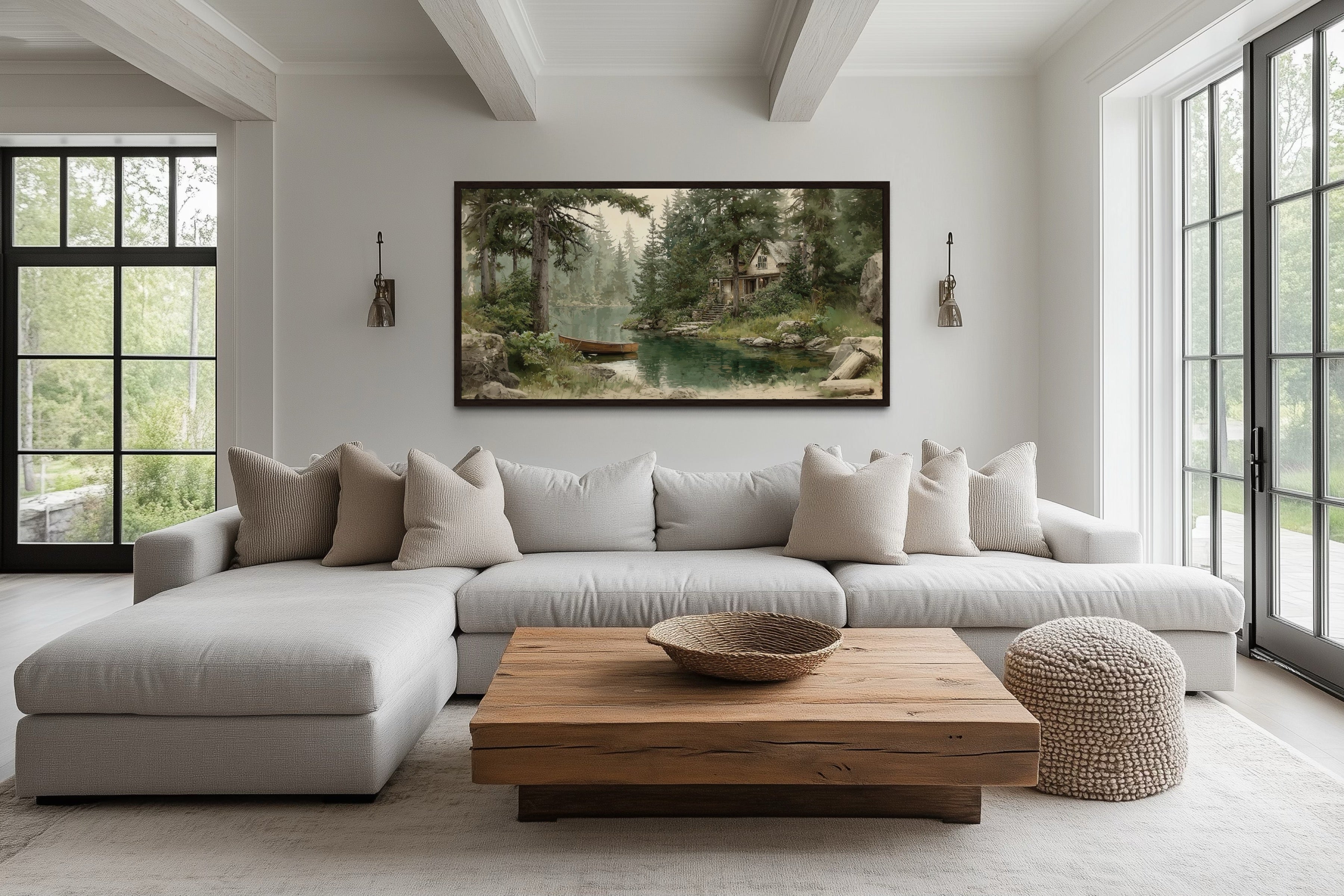 Rustic Cabin Wall Art – Framed Wooden Boat Painting | Cozy Lake House Decor