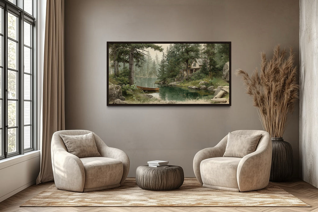 Rustic Cabin Wall Art – Framed Wooden Boat Painting | Cozy Lake House Decor
