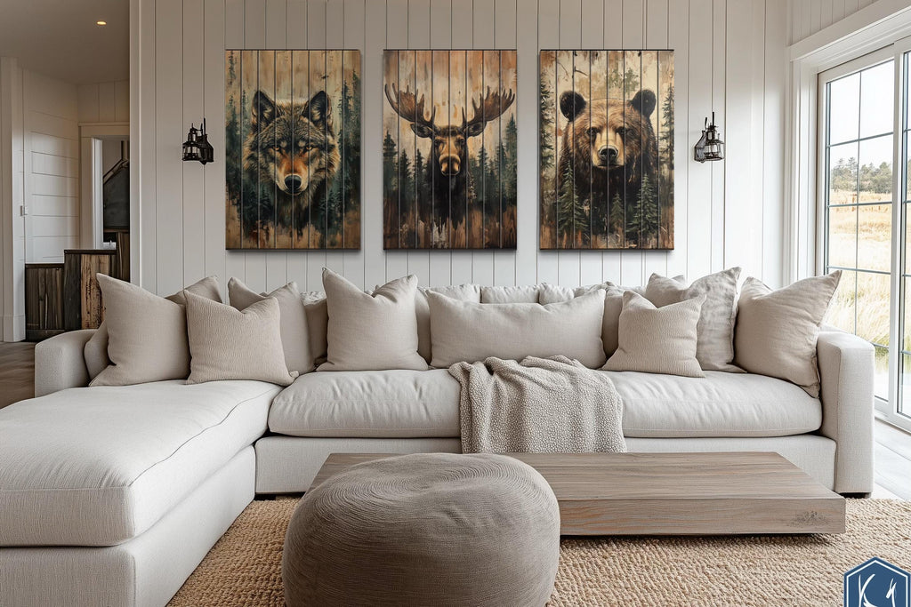 Rustic Cabin Wildlife Decor – Set Of 3 Wolf Moose Bear Distressed Vertical Wood Wall Art Set