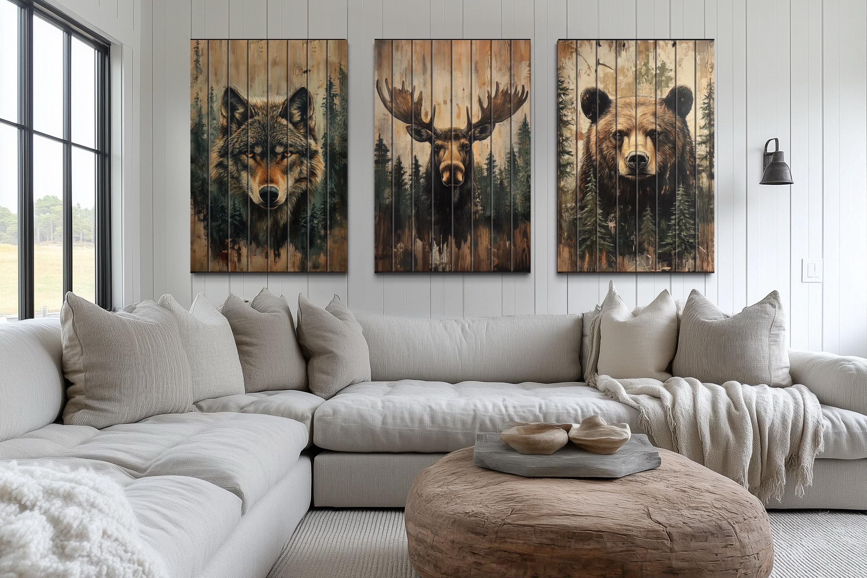 Rustic Cabin Wildlife Decor – Set Of 3 Wolf Moose Bear Distressed Vertical Wood Wall Art Set
