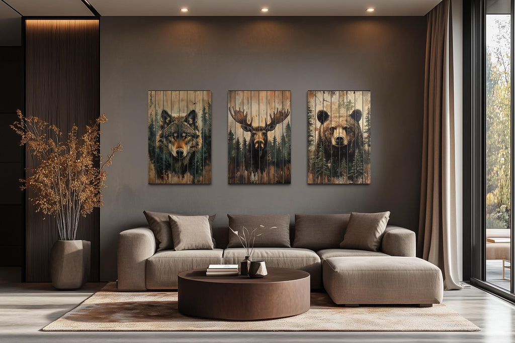 Rustic Cabin Wildlife Decor – Set Of 3 Wolf Moose Bear Distressed Vertical Wood Wall Art Set