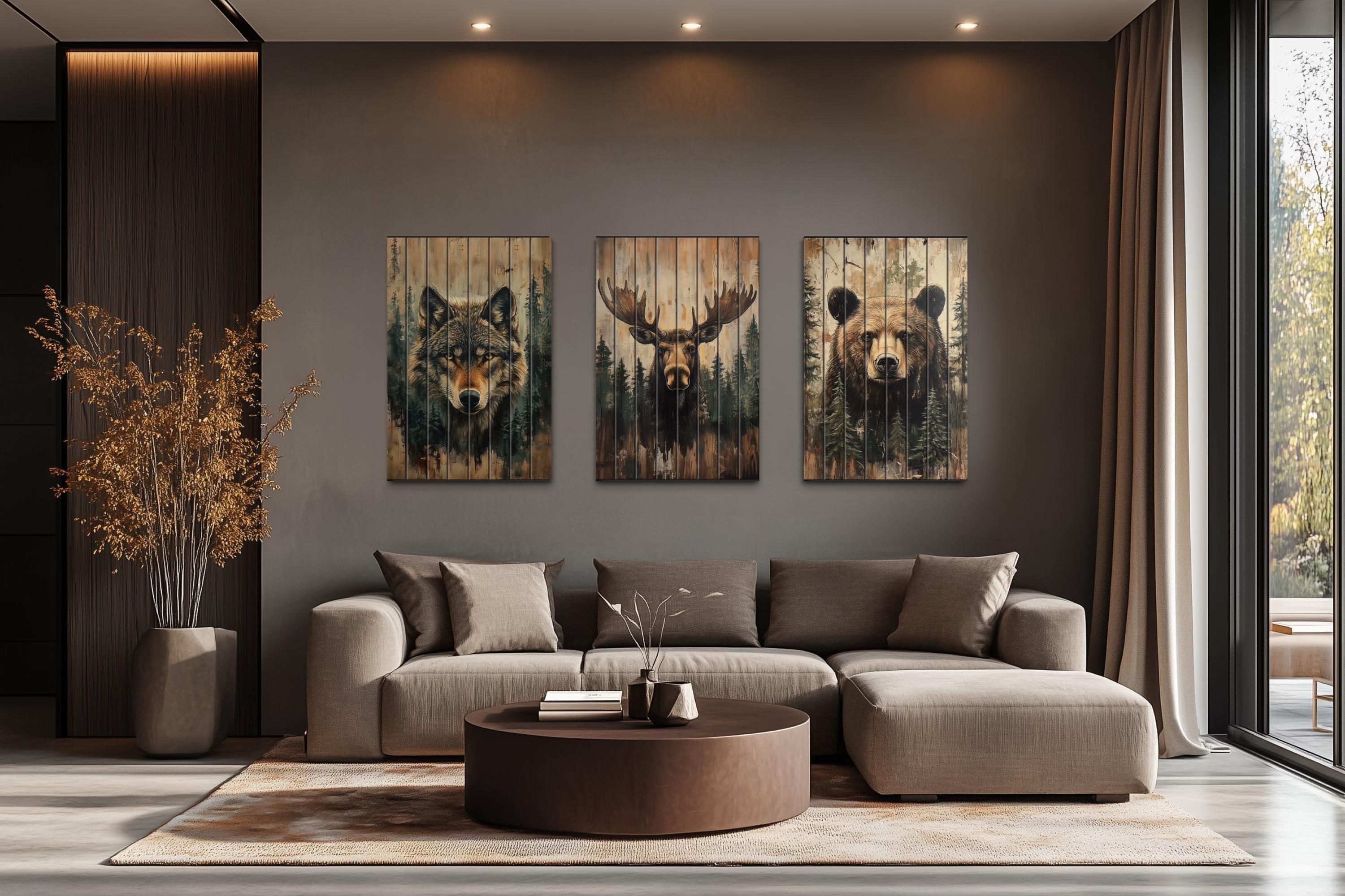 Rustic Cabin Wildlife Decor – Set Of 3 Wolf Moose Bear Distressed Vertical Wood Wall Art Set
