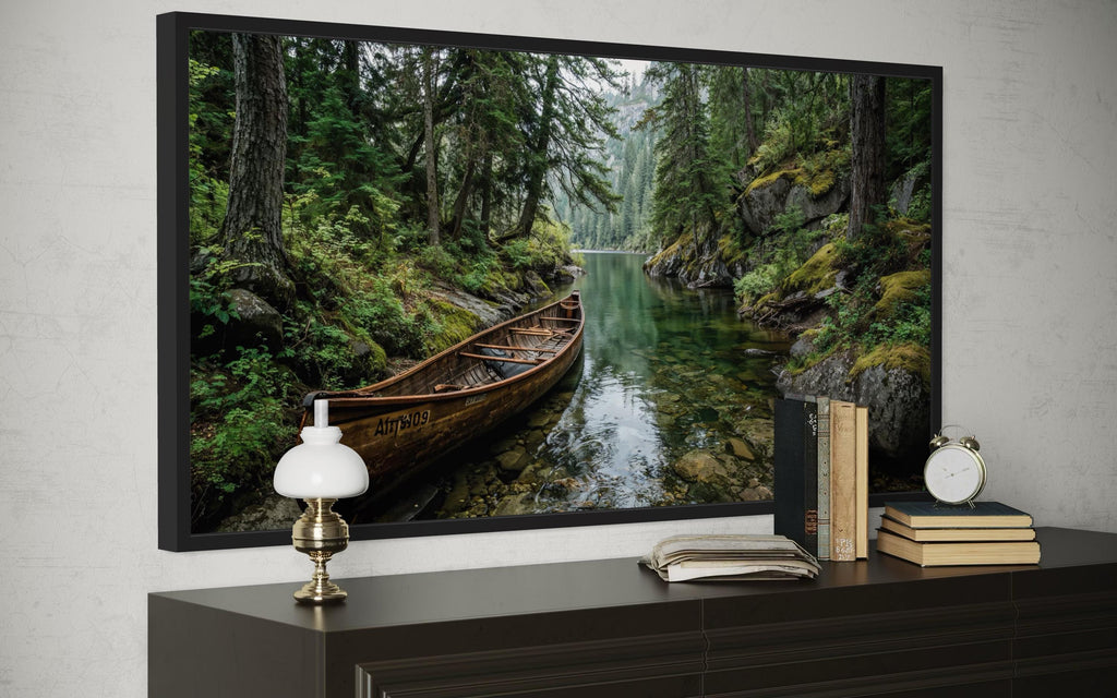 Rustic Canoe In Forest River Canvas  Wall Art