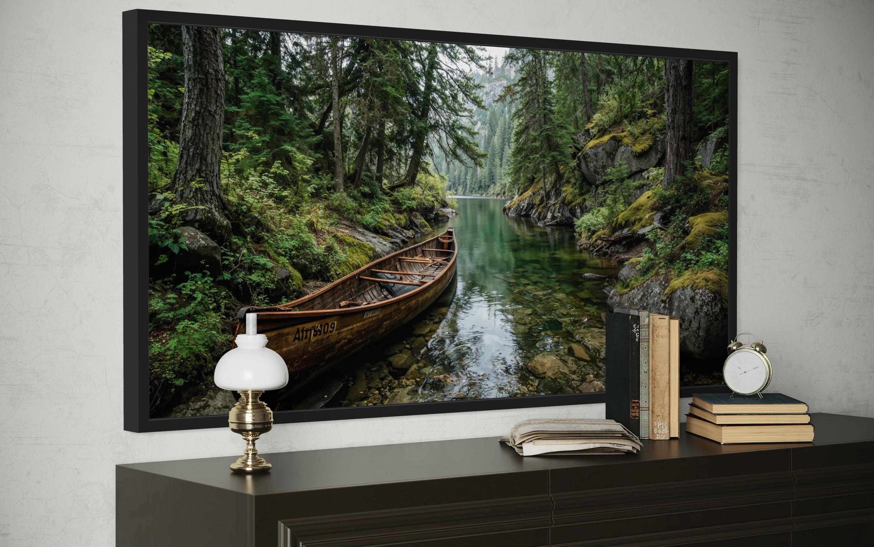 Rustic Canoe In Forest River Canvas  Wall Art