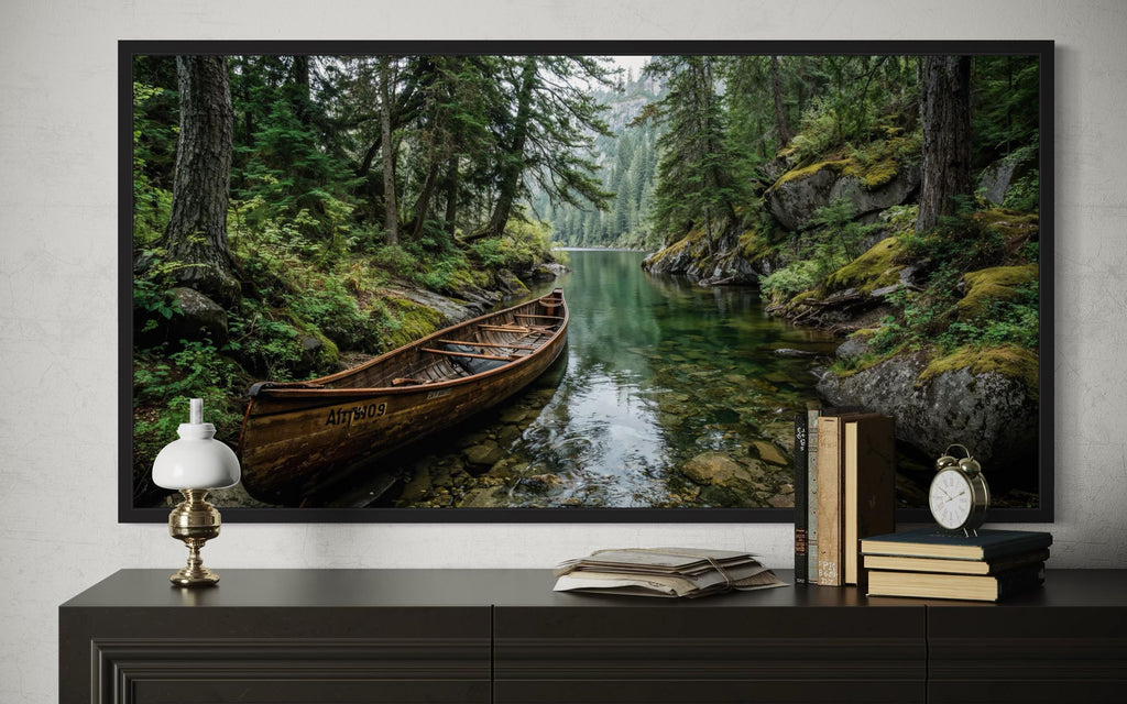 Rustic Canoe In Forest River Canvas  Wall Art