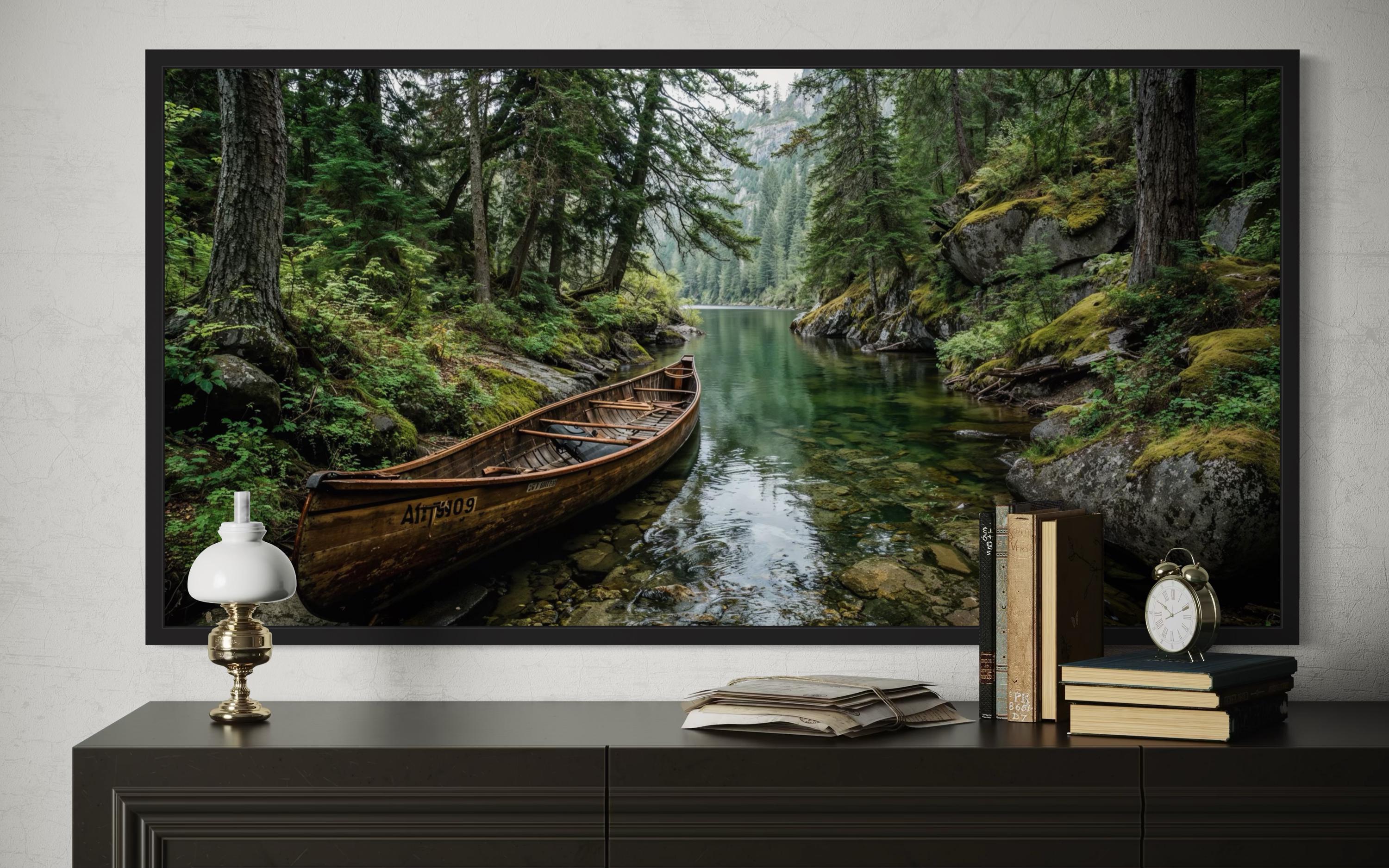 Rustic Canoe In Forest River Canvas  Wall Art