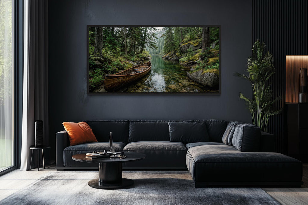 Rustic Canoe In Forest River Canvas  Wall Art