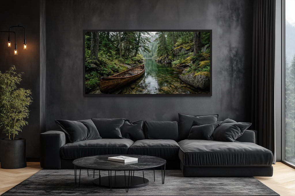 Rustic Canoe In Forest River Canvas  Wall Art