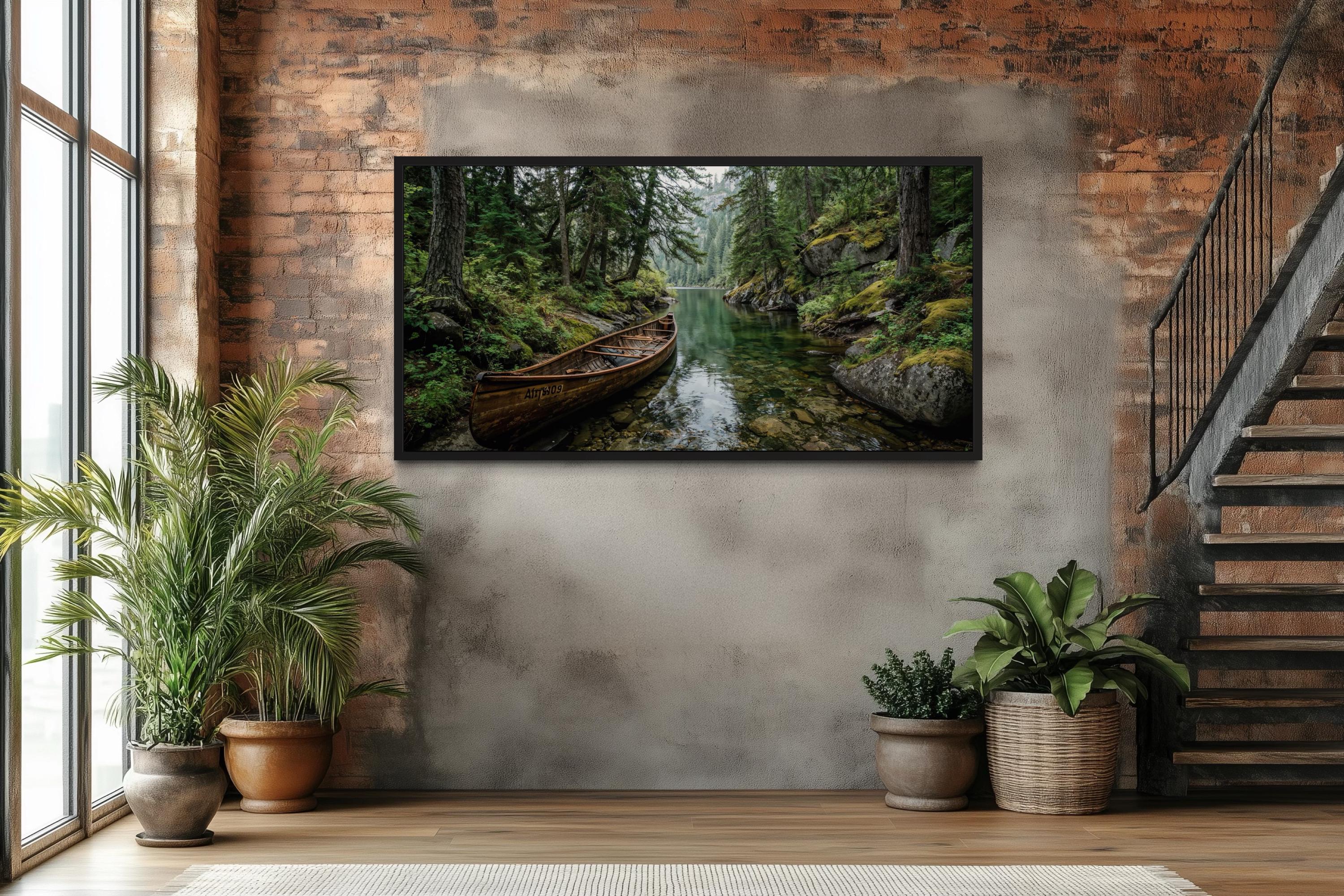 Rustic Canoe In Forest River Canvas  Wall Art