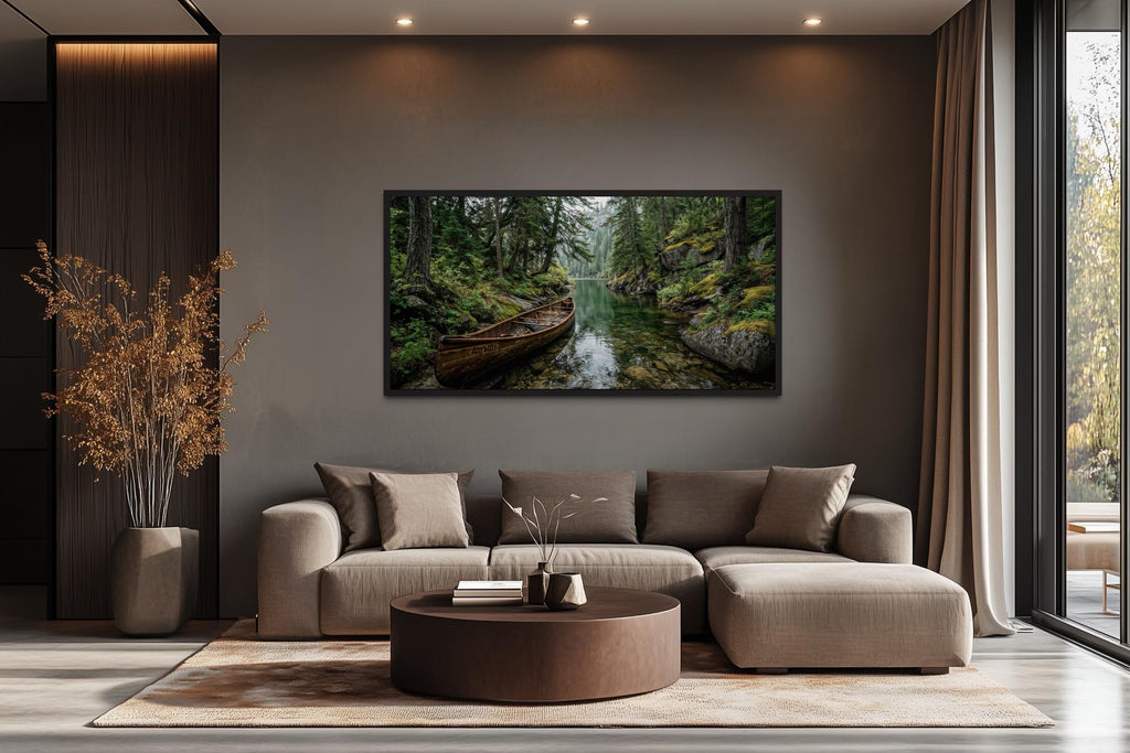 Rustic Canoe In Forest River Canvas  Wall Art