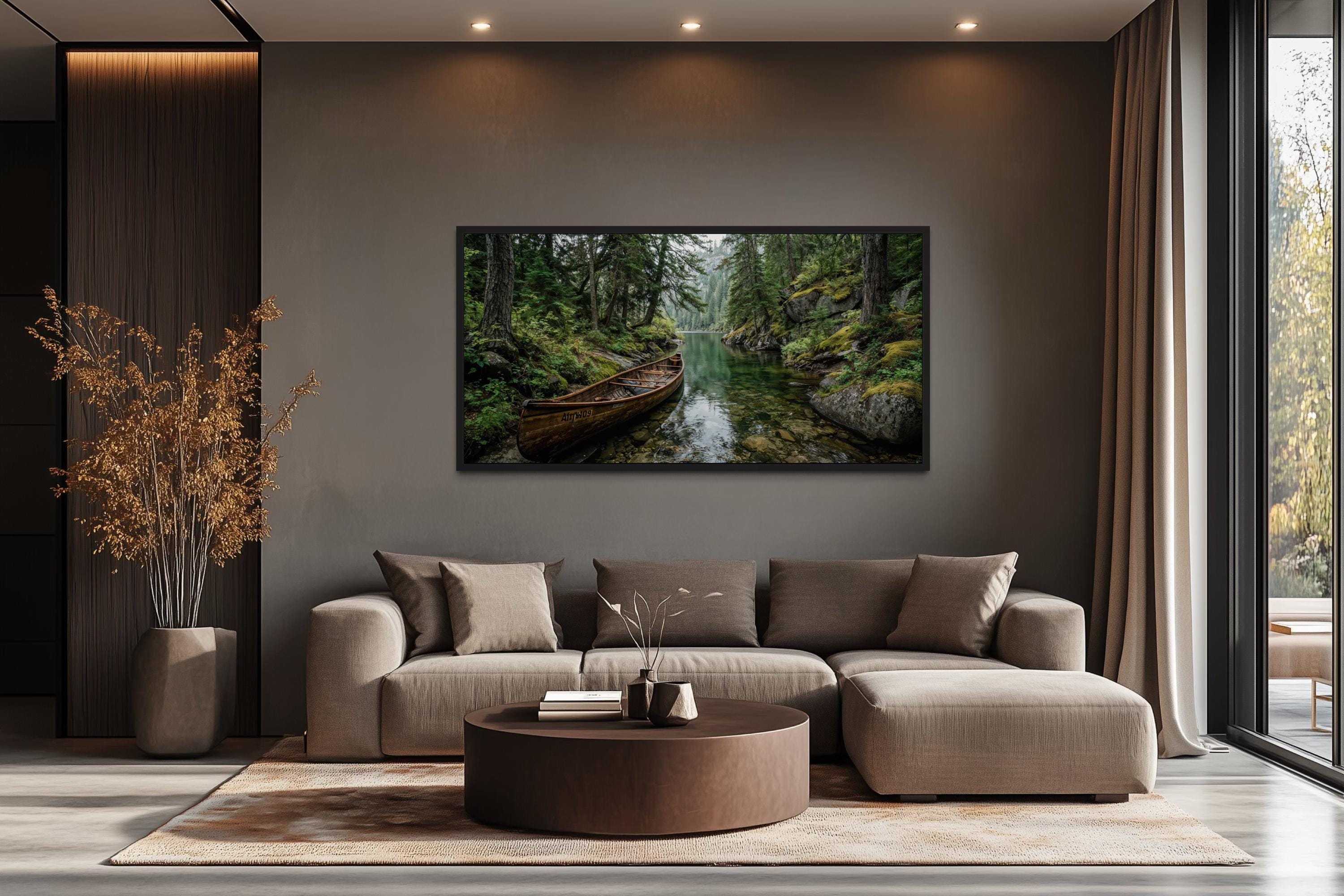 Rustic Canoe In Forest River Canvas  Wall Art