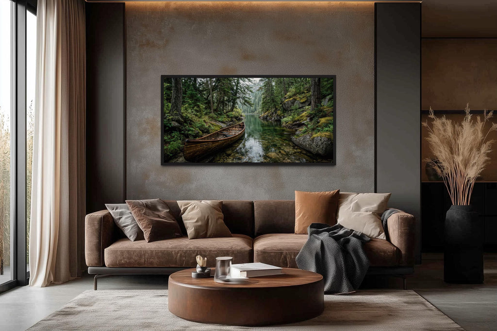 Rustic Canoe In Forest River Canvas  Wall Art