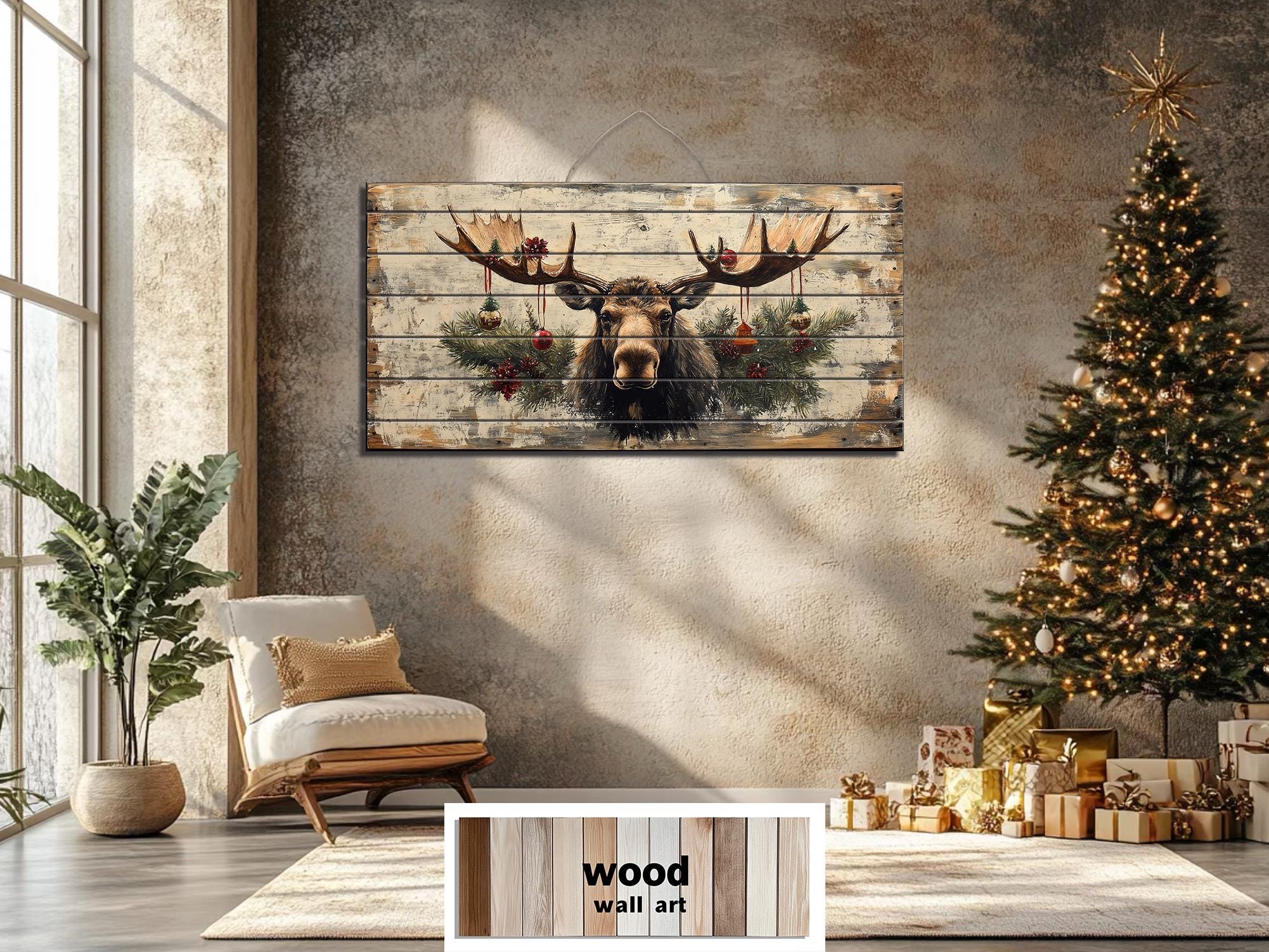 Rustic Christmas Moose With Ornaments Distressed Wood Wall Art