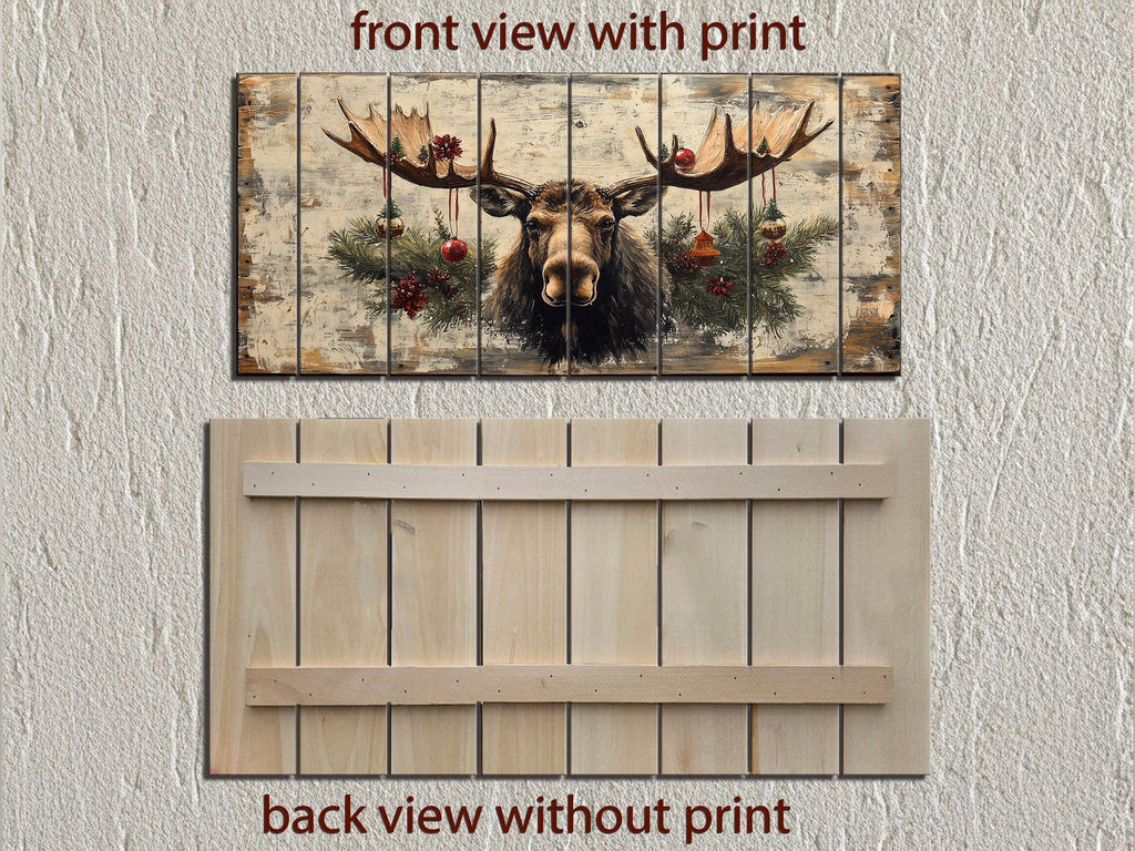 Rustic Christmas Moose With Ornaments Distressed Wood Wall Art