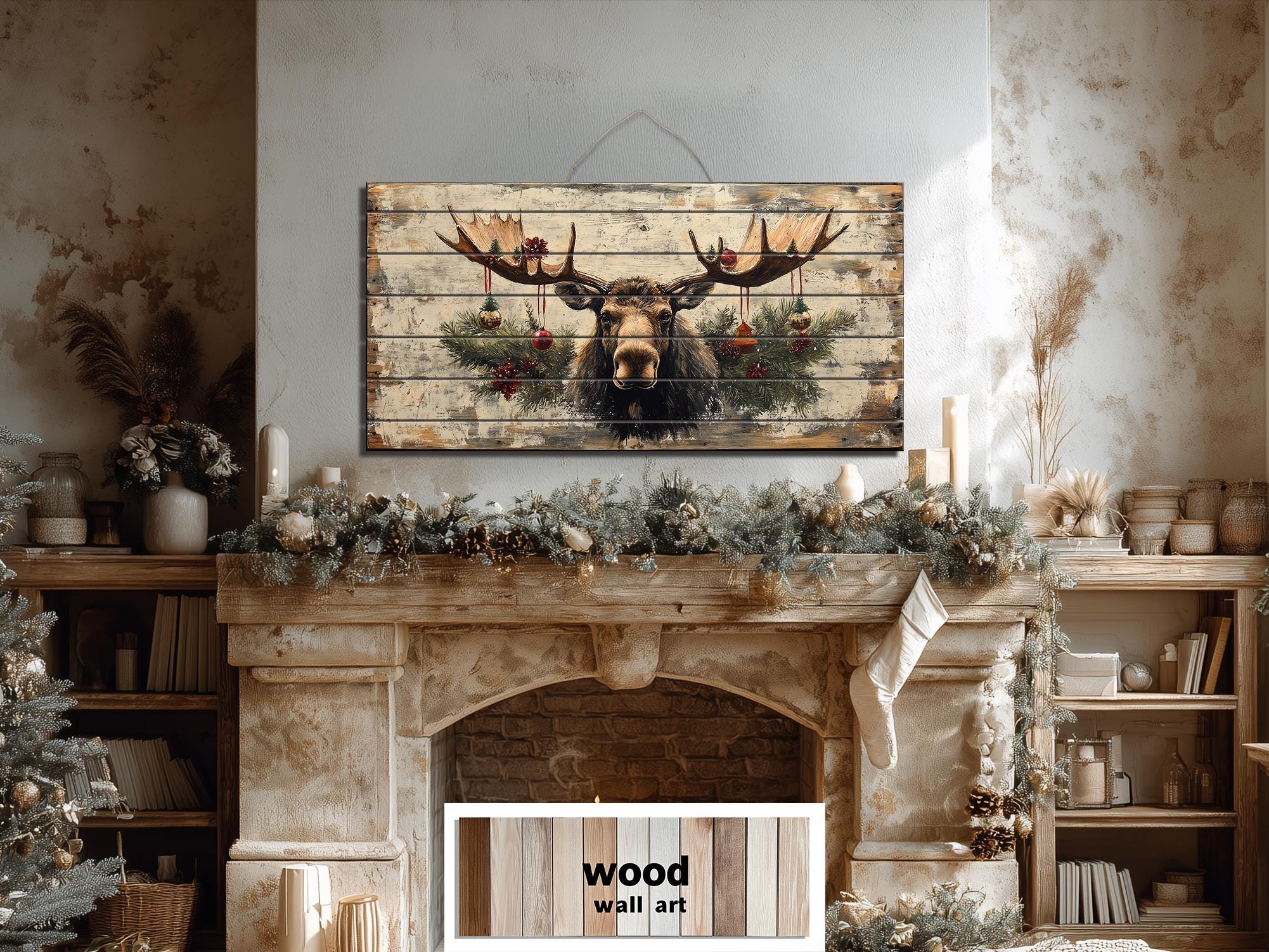 Rustic Christmas Moose With Ornaments Distressed Wood Wall Art