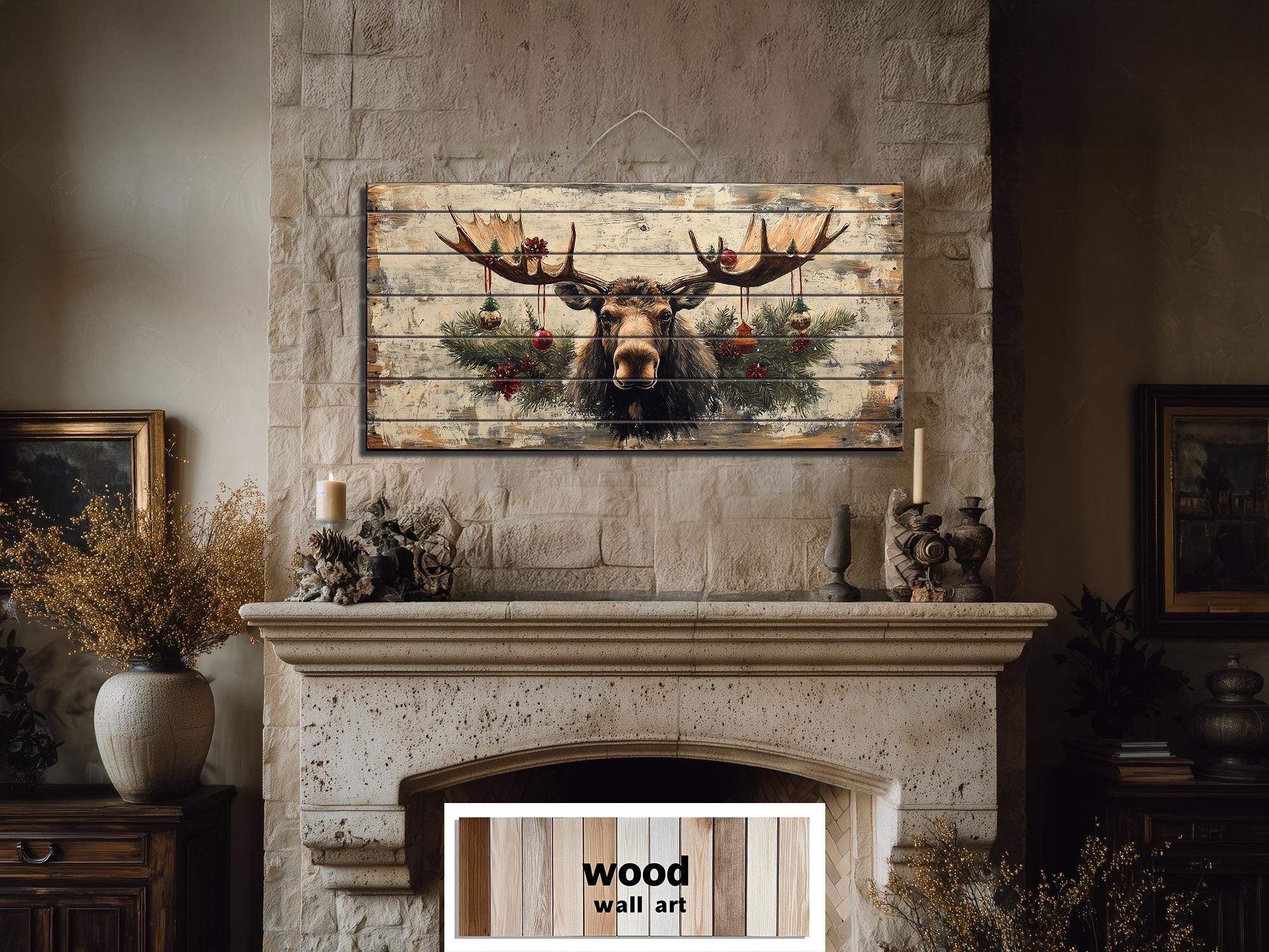 Rustic Christmas Moose With Ornaments Distressed Wood Wall Art