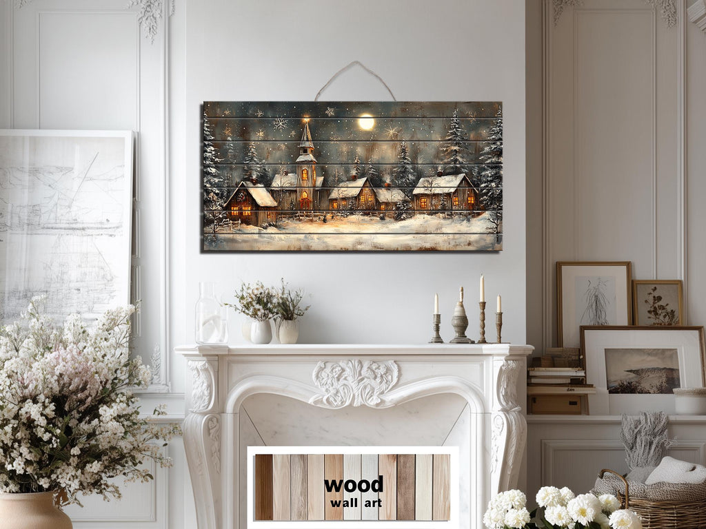 Rustic Christmas Snowy Village Distressed Wood Wall Art