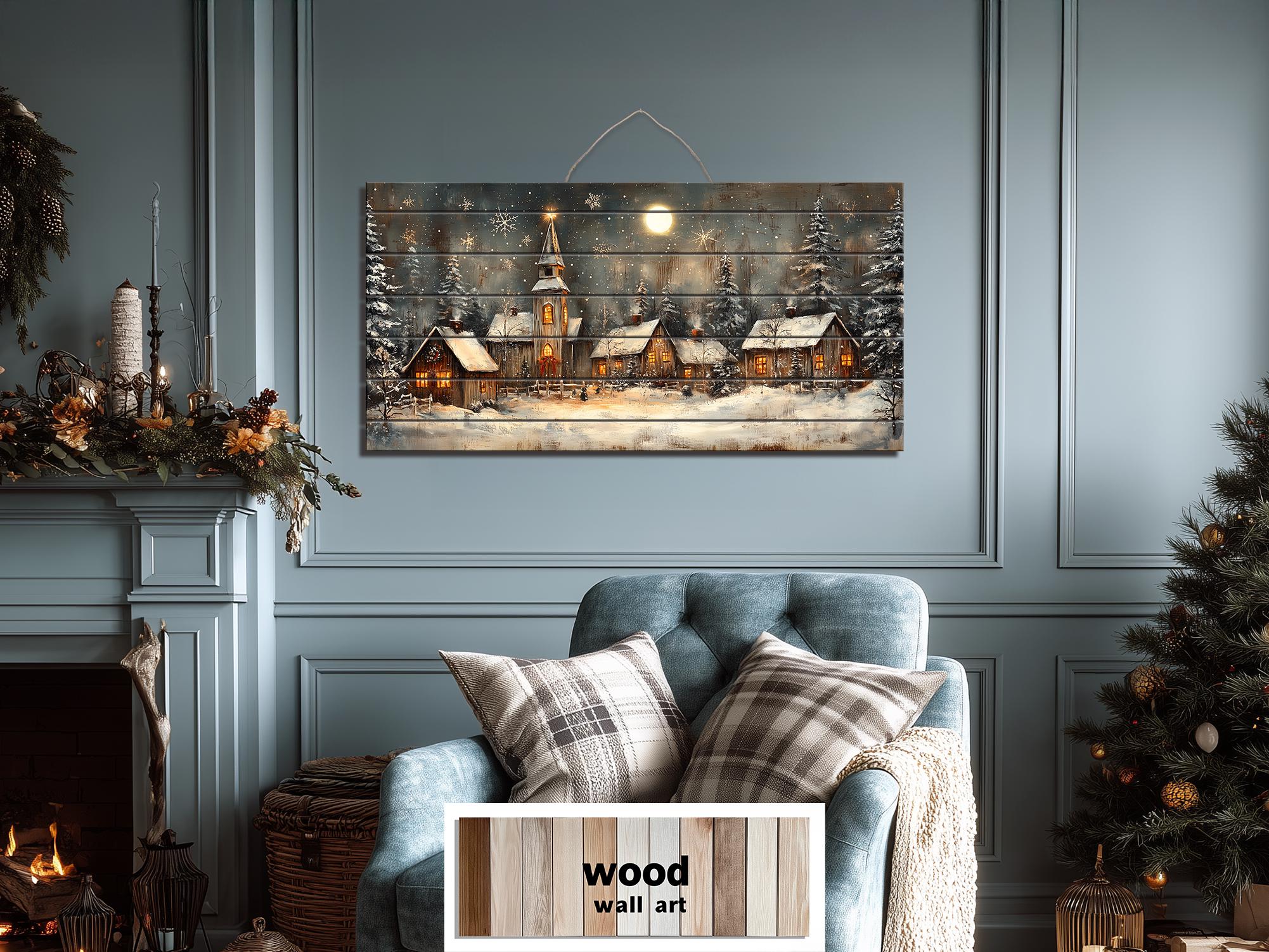 Rustic Christmas Snowy Village Distressed Wood Wall Art