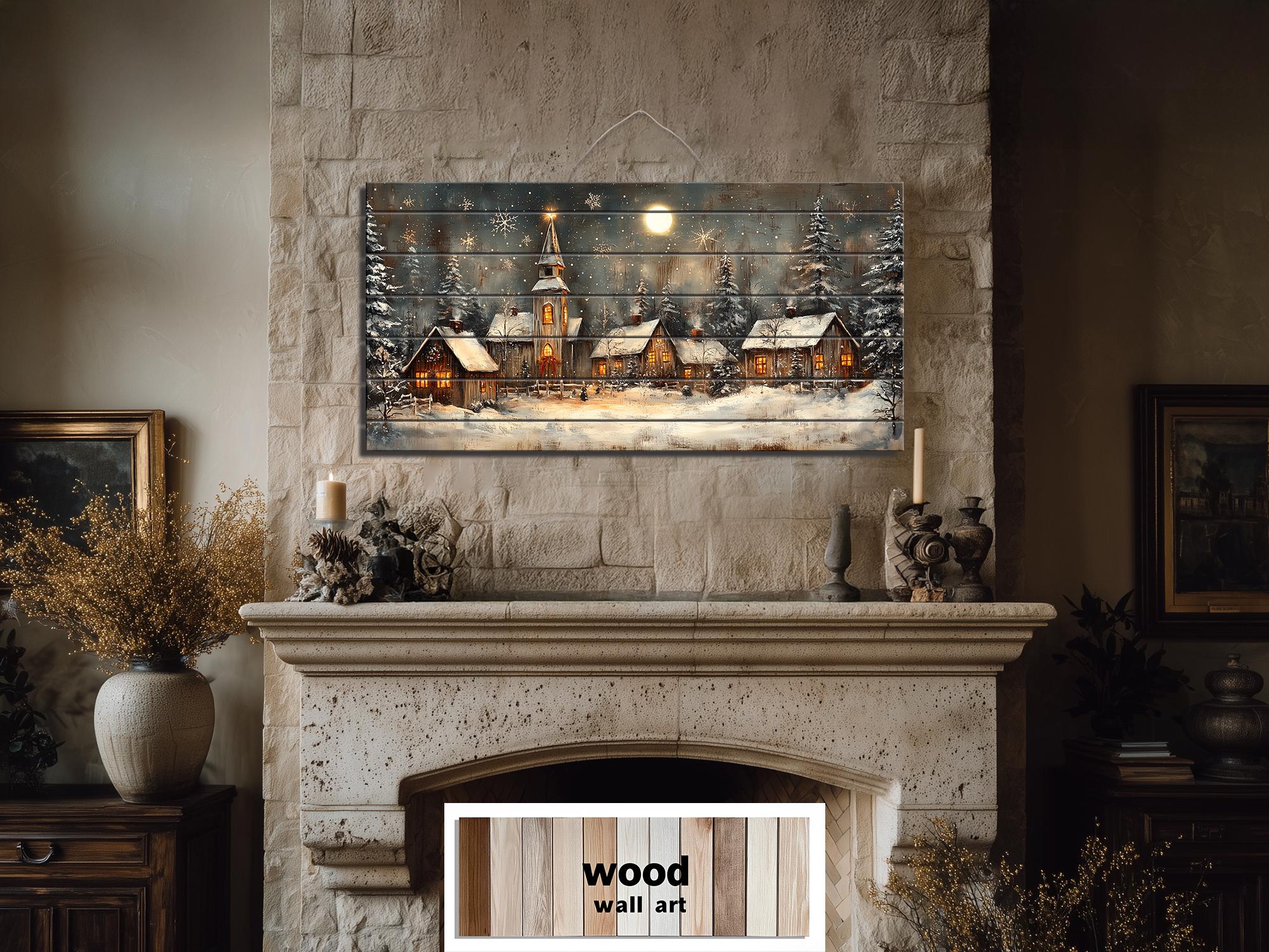 Rustic Christmas Snowy Village Distressed Wood Wall Art