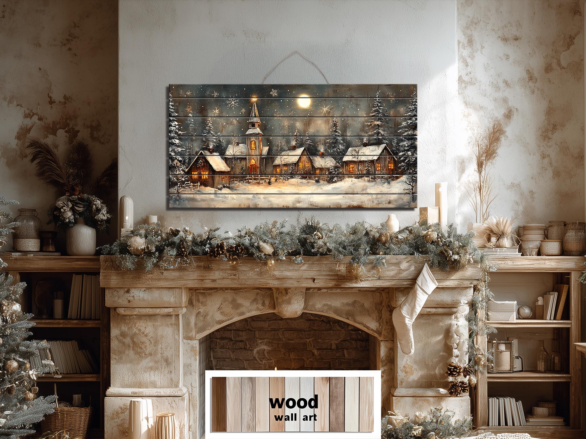 Rustic Christmas Snowy Village Distressed Wood Wall Art