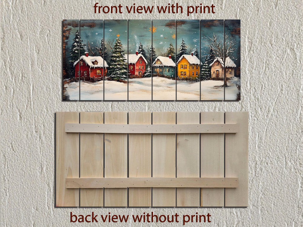 Rustic Christmas Winter Village Distressed Wood Wall Art