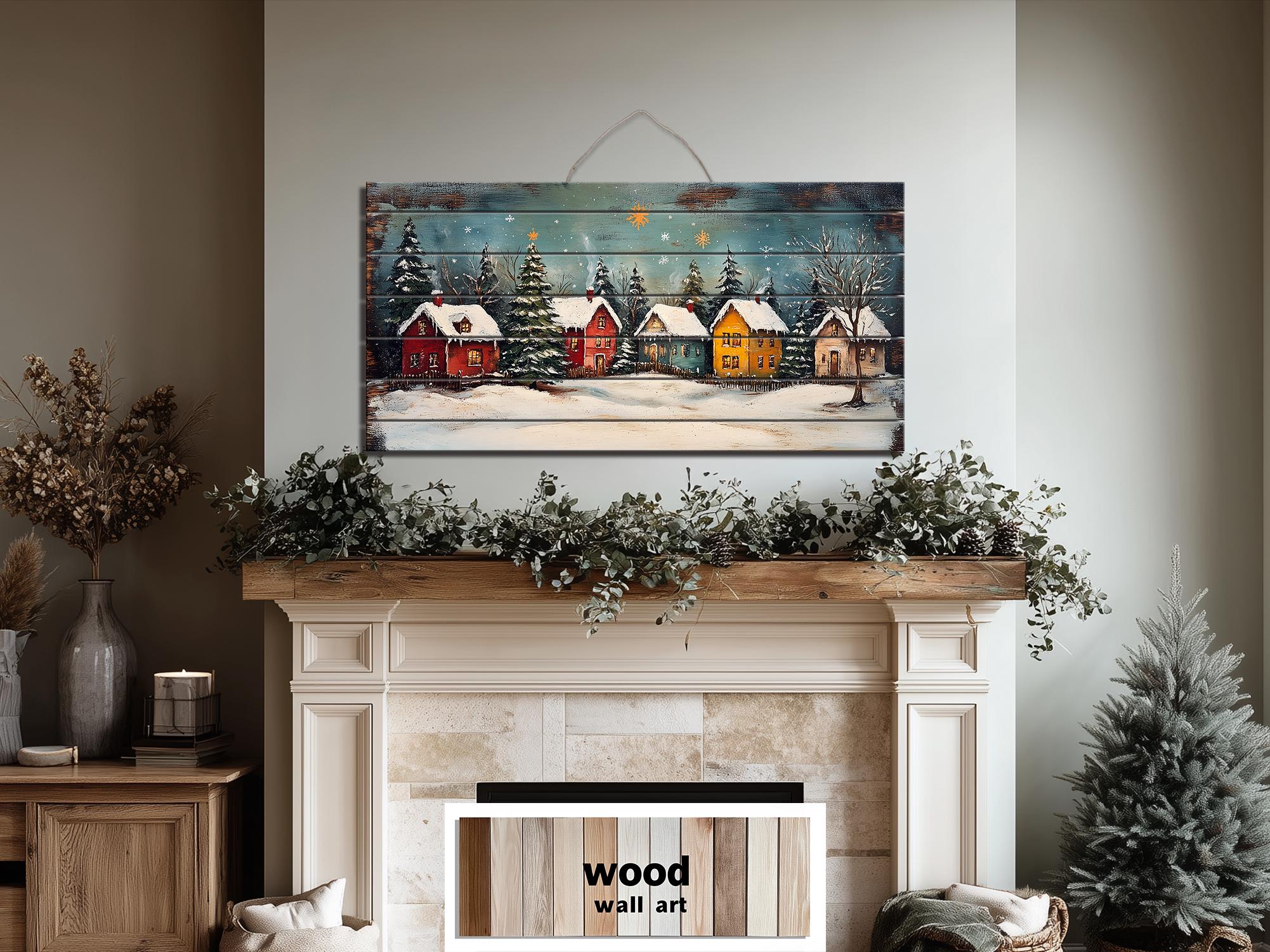Rustic Christmas Winter Village Distressed Wood Wall Art