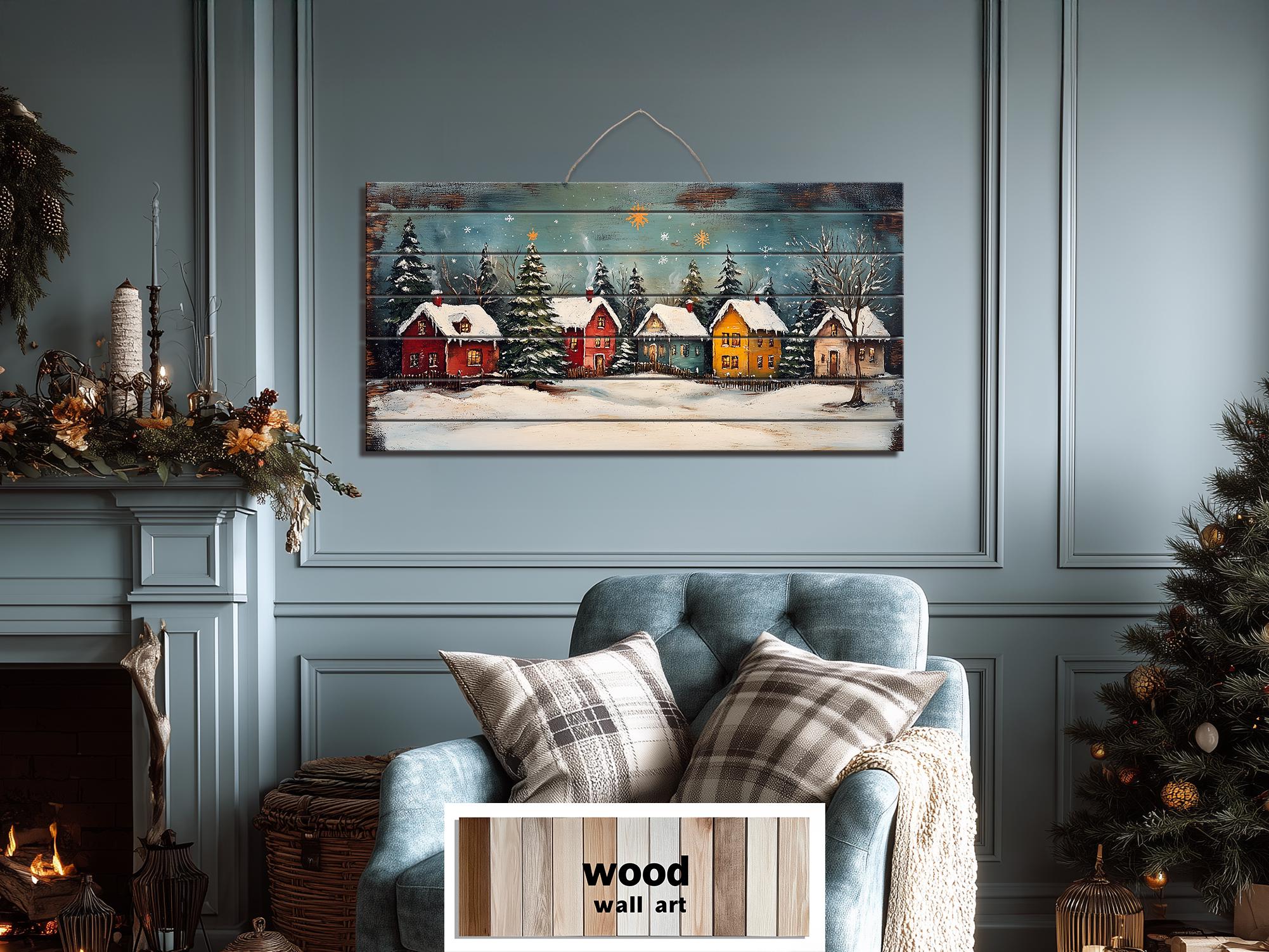 Rustic Christmas Winter Village Distressed Wood Wall Art