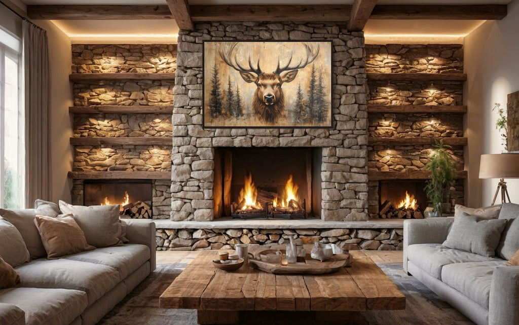 Rustic Deer Painted On Wood Framed Canvas Wall Art For Cabin Decor
