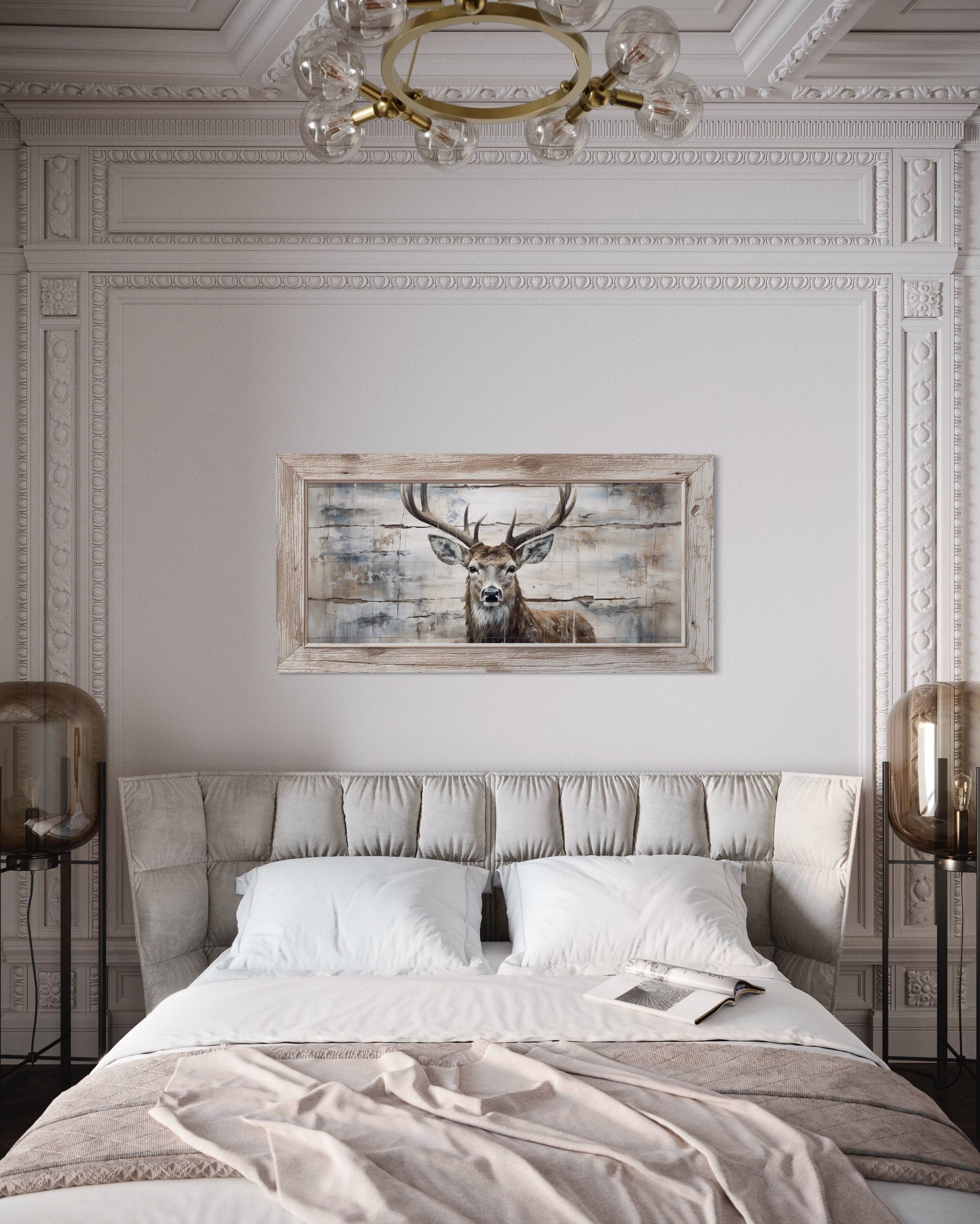 Rustic Deer Wall Art – Cabin Wall Decor | Woodland Canvas Painting With Wood Frame