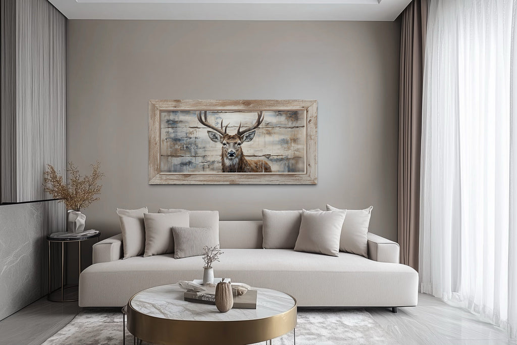 Rustic Deer Wall Art – Cabin Wall Decor | Woodland Canvas Painting With Wood Frame