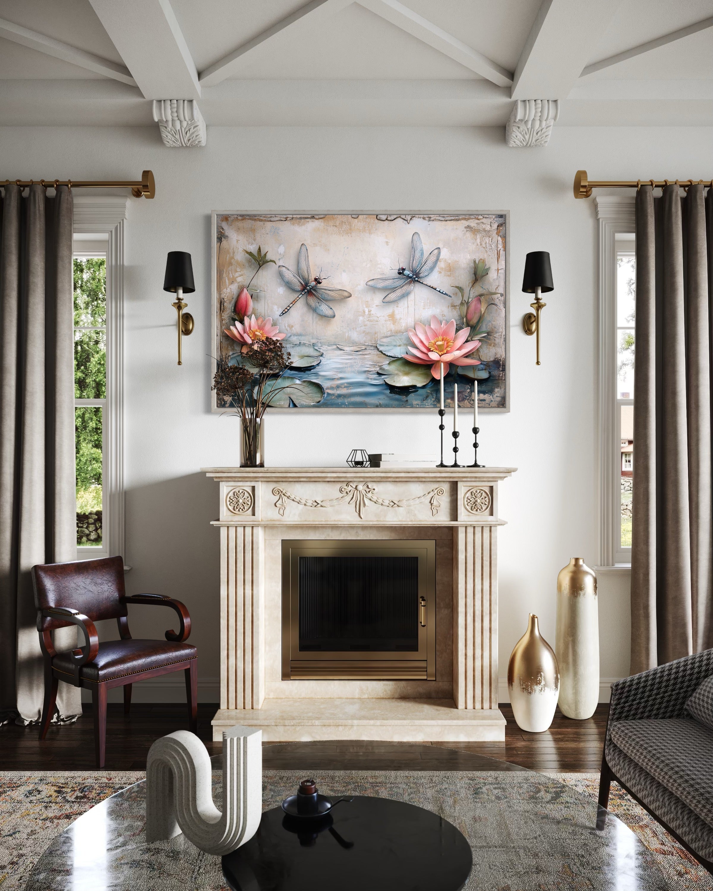 Rustic Dragonflies Wall Art – Framed Canvas Painting With Water Lilies Decor