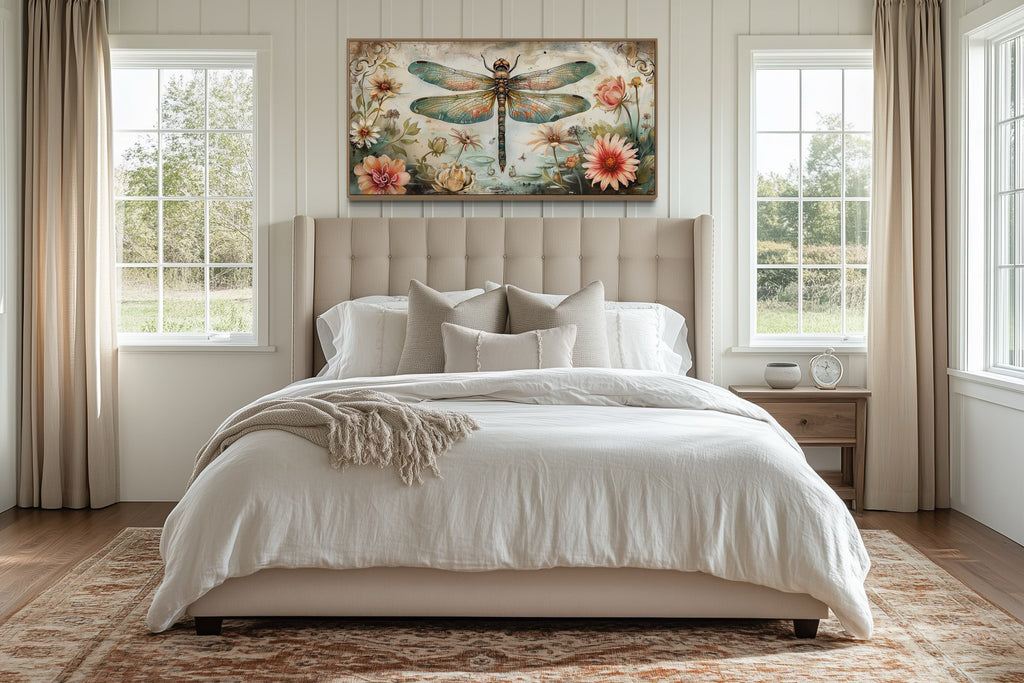 Rustic Dragonfly Wall Art – Framed Canvas Floral Illustration for Farmhouse Decor