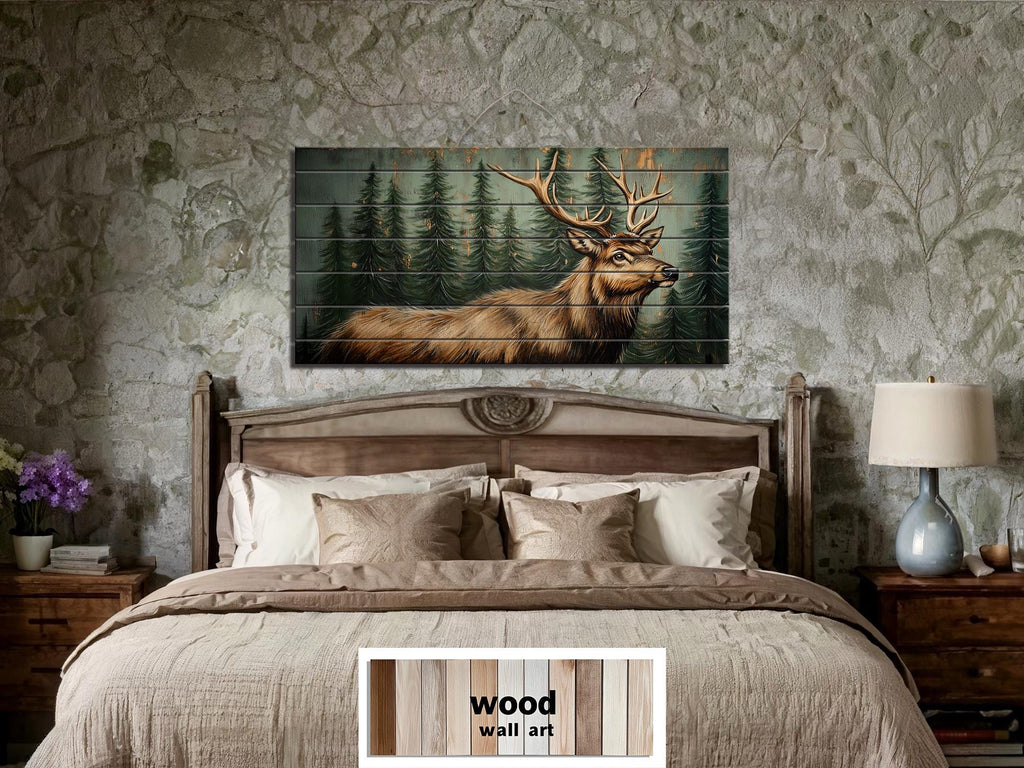 Rustic Elk In Pine Forest Painting on Wood Distressed Wood Wall Art