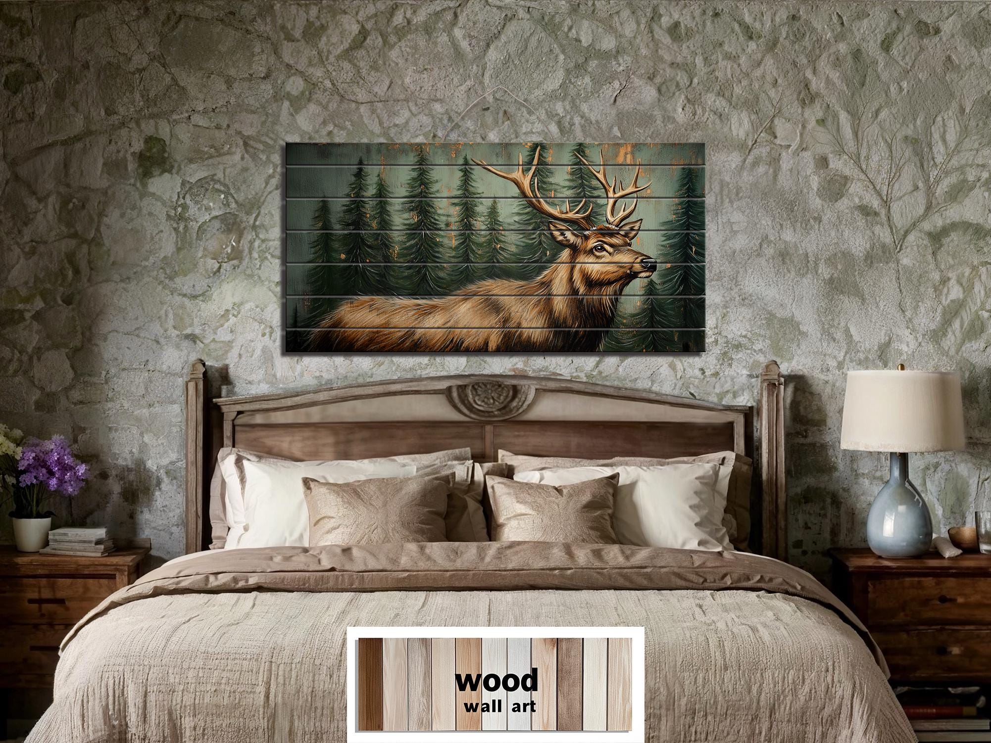 Rustic Elk In Pine Forest Painting on Wood Distressed Wood Wall Art