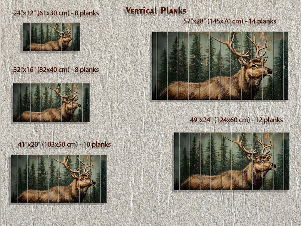 Rustic Elk In Pine Forest Painting on Wood Distressed Wood Wall Art