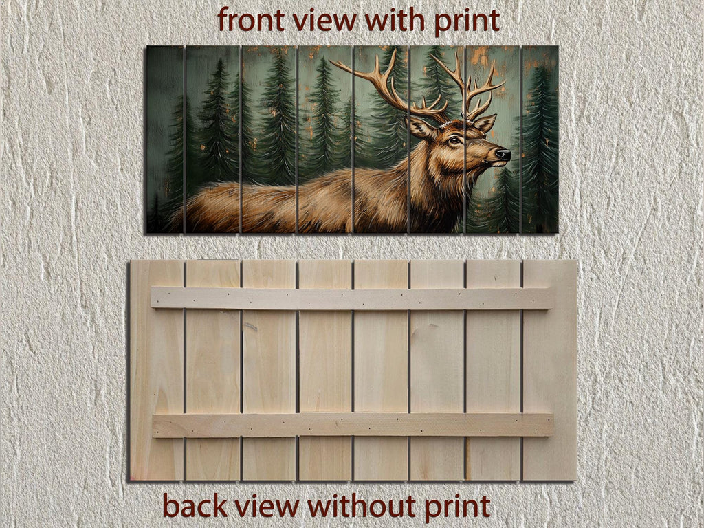 Rustic Elk In Pine Forest Painting on Wood Distressed Wood Wall Art