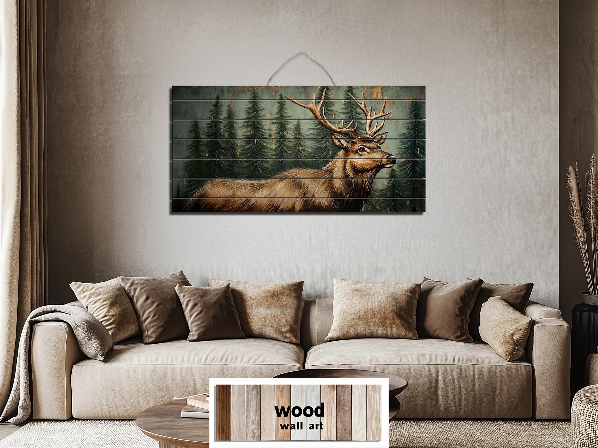 Rustic Elk In Pine Forest Painting on Wood Distressed Wood Wall Art