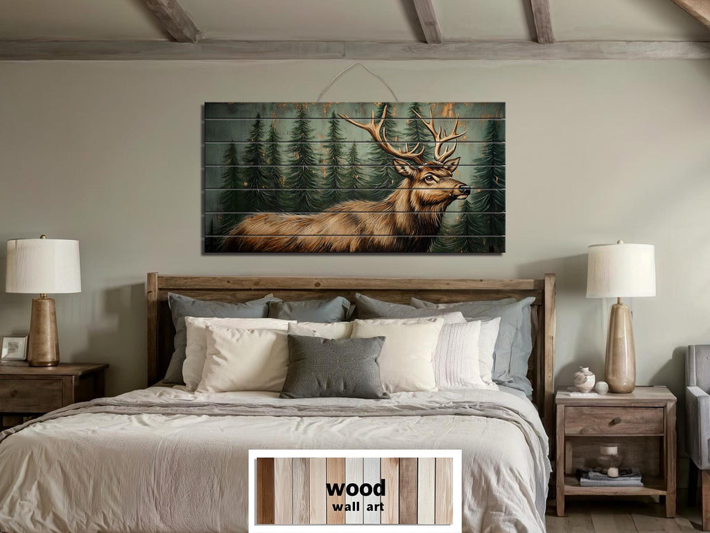 Rustic Elk In Pine Forest Painting on Wood Distressed Wood Wall Art