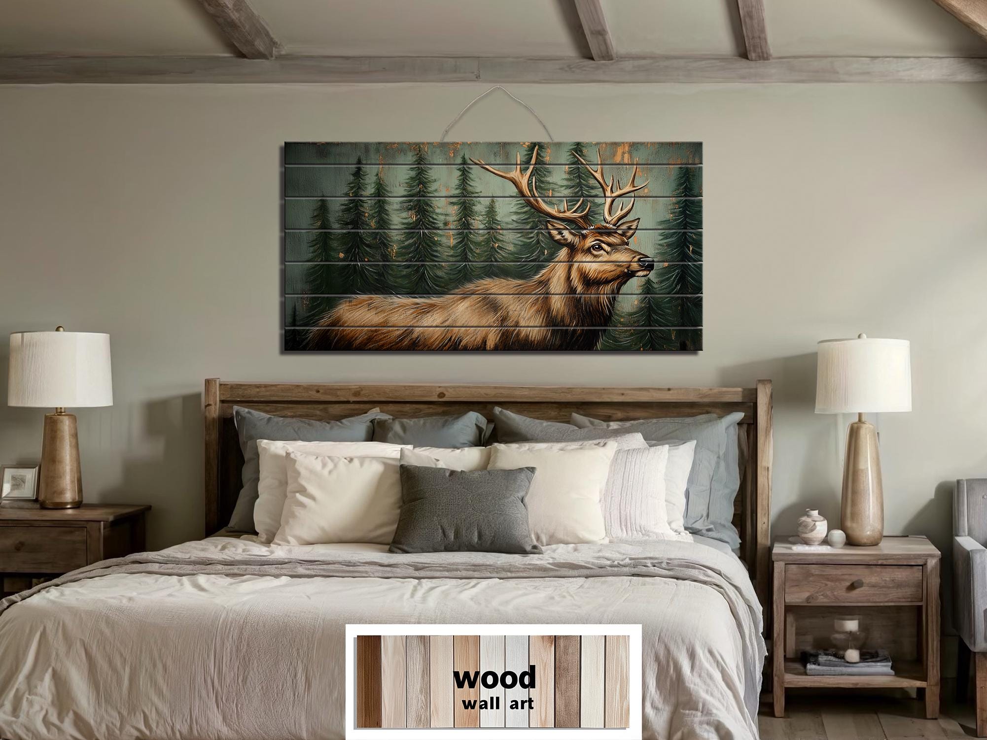 Rustic Elk In Pine Forest Painting on Wood Distressed Wood Wall Art