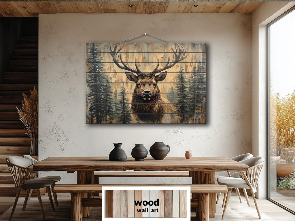 Rustic Elk In Pine Trees Distressed Wood Wall Art