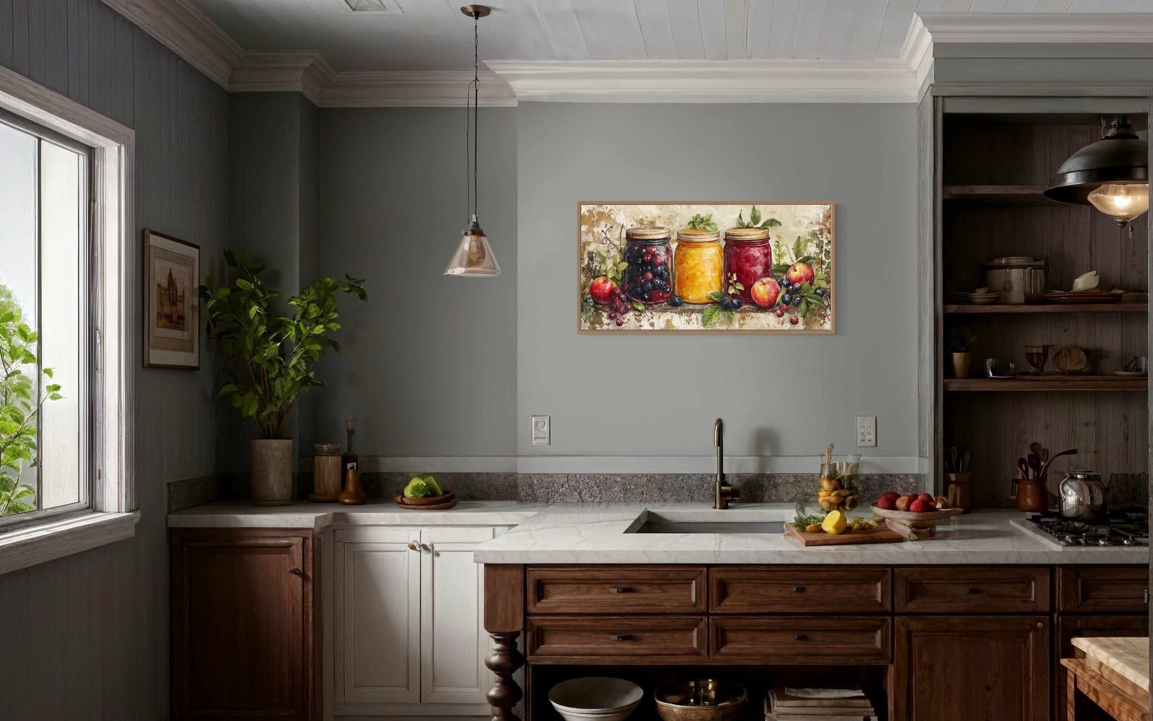 Rustic Farmhouse Wall Art – Framed Canvas Print with Mason Jar Art for Cozy Kitchen Decor
