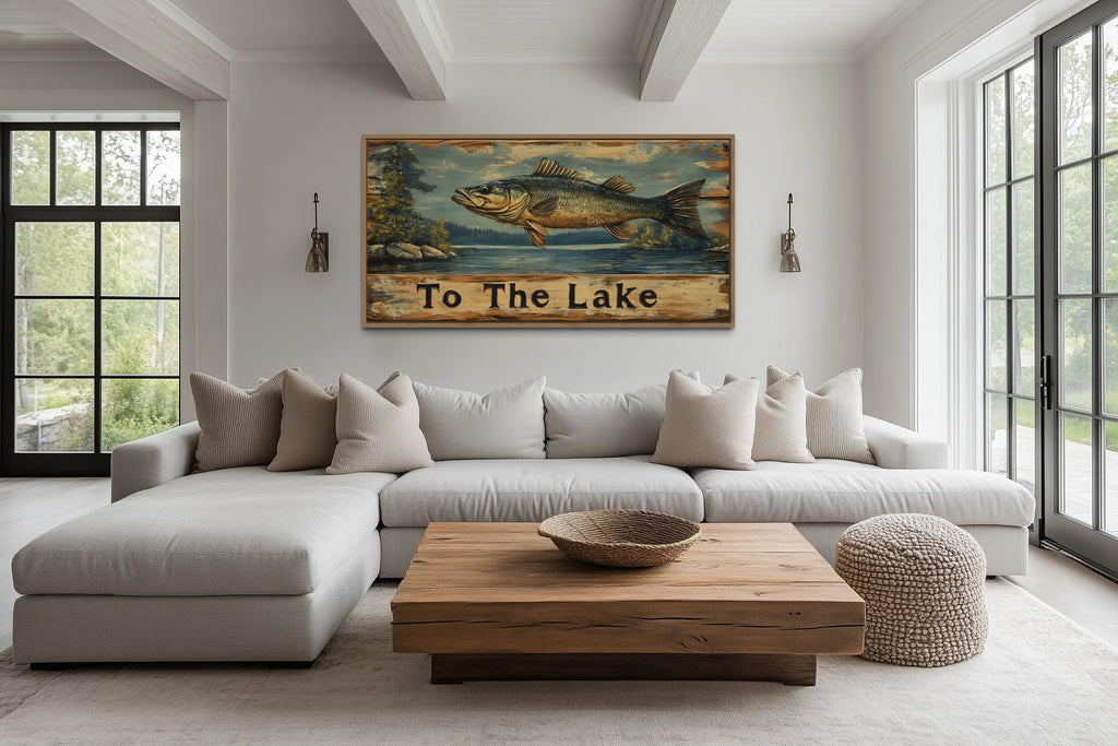 Rustic Fishing Sign - Cabin Wall Decor | Panoramic Lake Inspired Fishing Wall Art