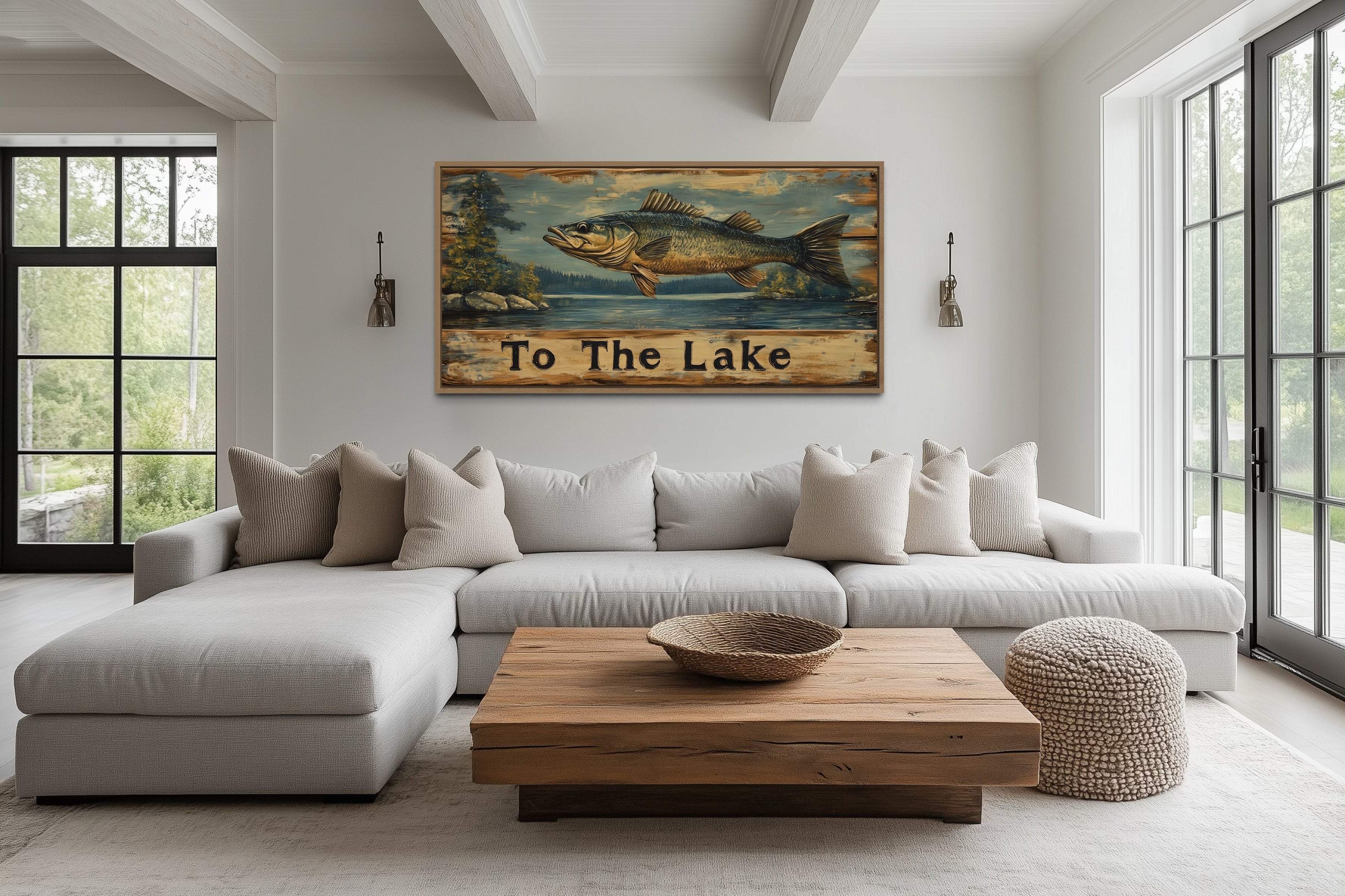 Rustic Fishing Sign - Cabin Wall Decor | Panoramic Lake Inspired Fishing Wall Art