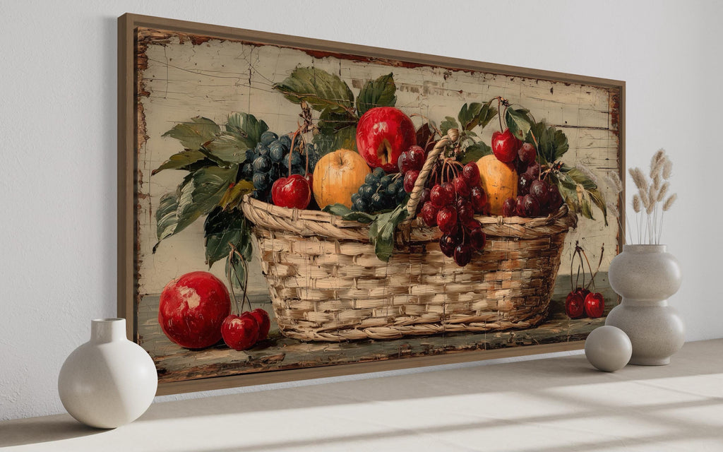 Rustic Fruit Basket Painting on Distressed Wood Canvas Wall Art