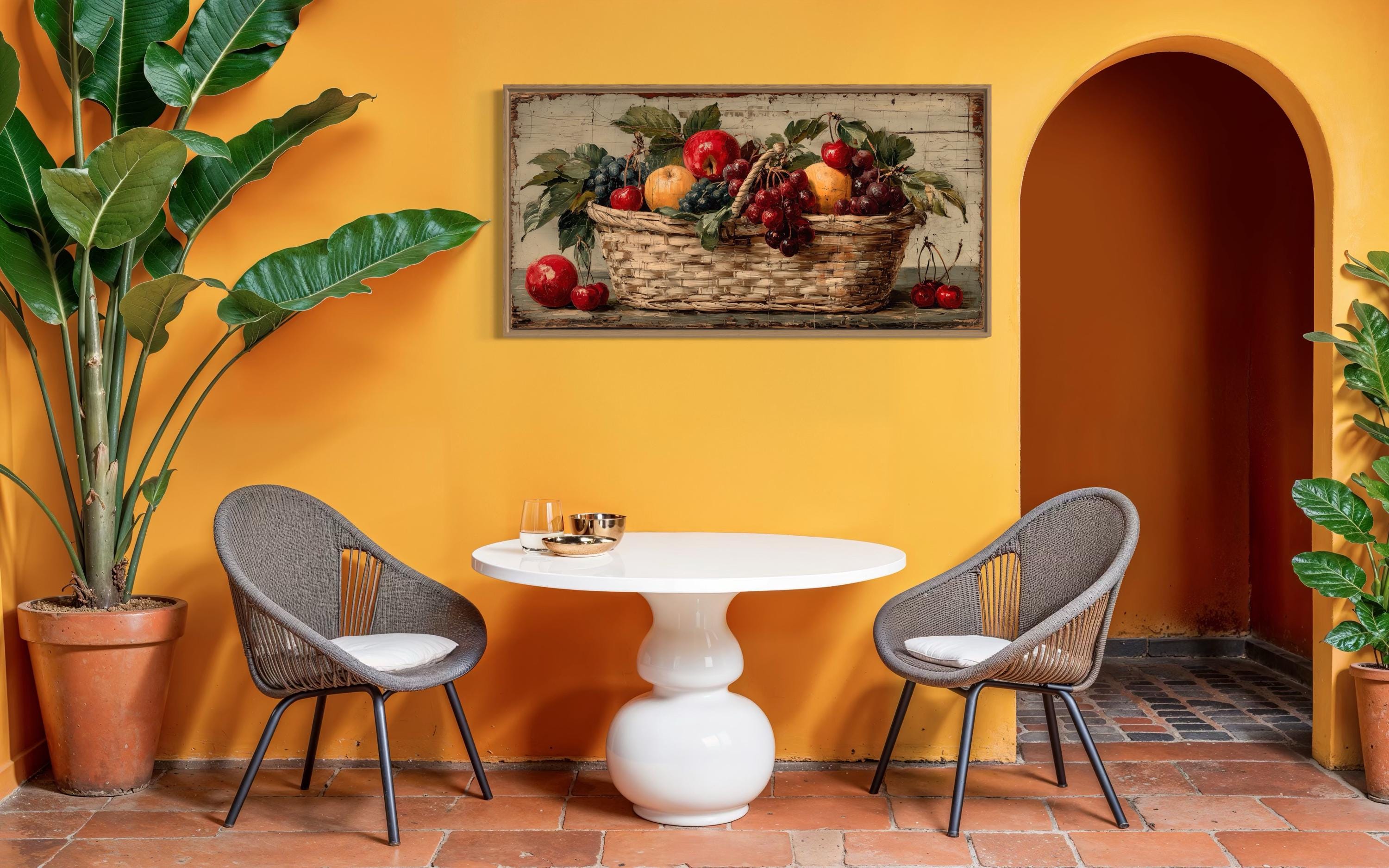Rustic Fruit Basket Painting on Distressed Wood Canvas Wall Art