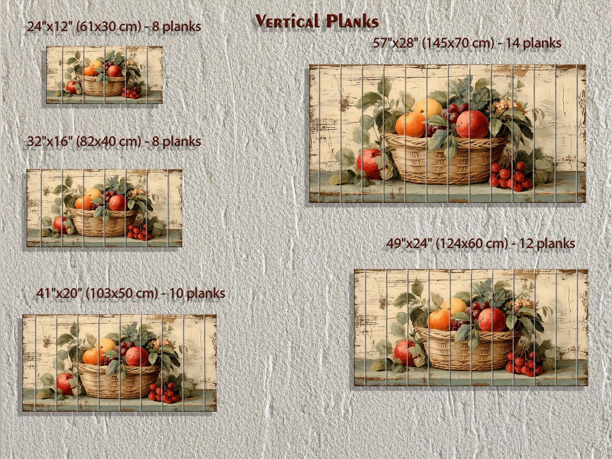 Rustic Fruit Basket Painting on Distressed Wood Farmhouse Kitchen Wall Art