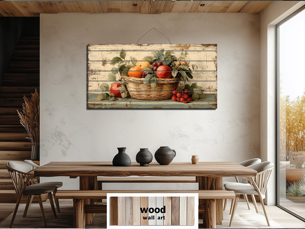 Rustic Fruit Basket Painting on Distressed Wood Farmhouse Kitchen Wall Art
